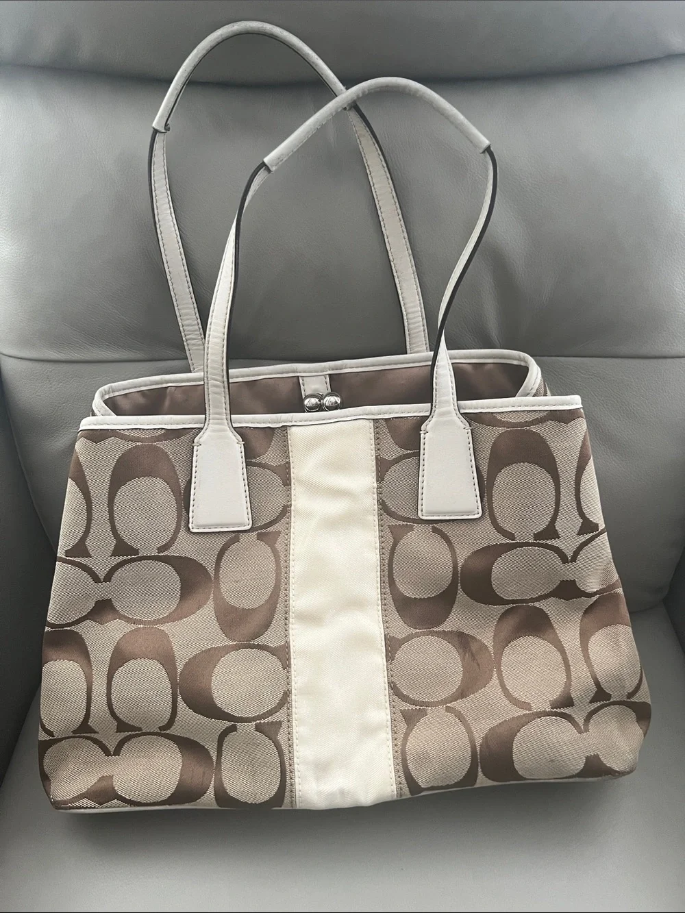 Coach Signature Stripe Kisslock Carryall Cream with Leather Trim
